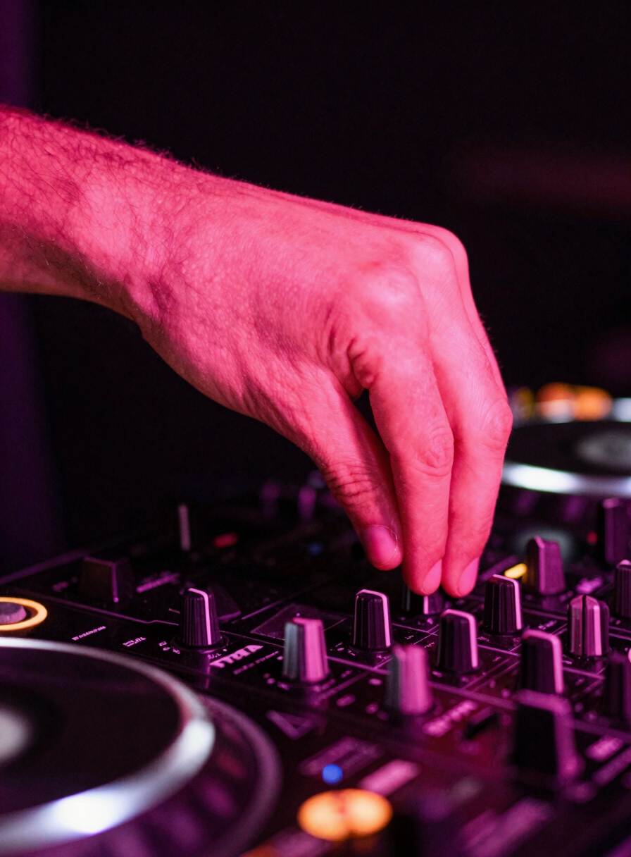 Extreme close-up of a DJ hand adjusting a mixer dial, saturated hot pink strobe lighting, heavy grain, motion blur, late-night club atmosphere.