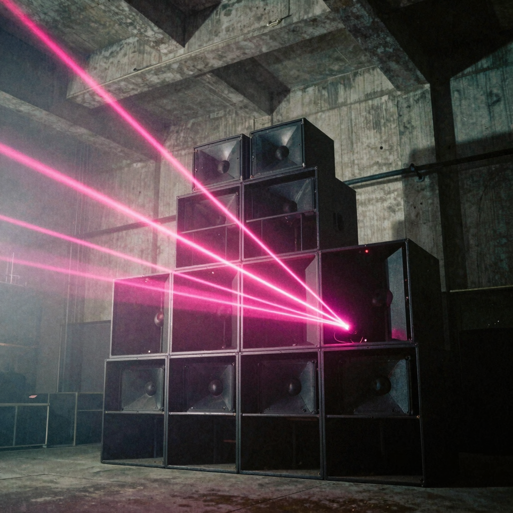 Low-angle wide shot of a towering custom speaker array in a raw concrete warehouse, sharp hot pink lasers cutting through thick fog, heavy film grain