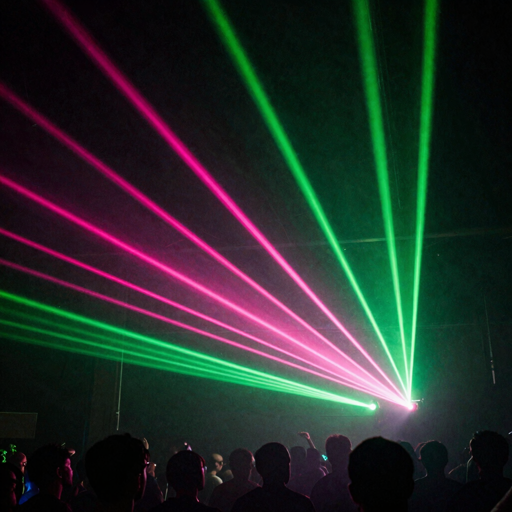 Low-angle action shot of laser beams slicing through a dark, smoke-filled warehouse rave, pink and green strobe lights.